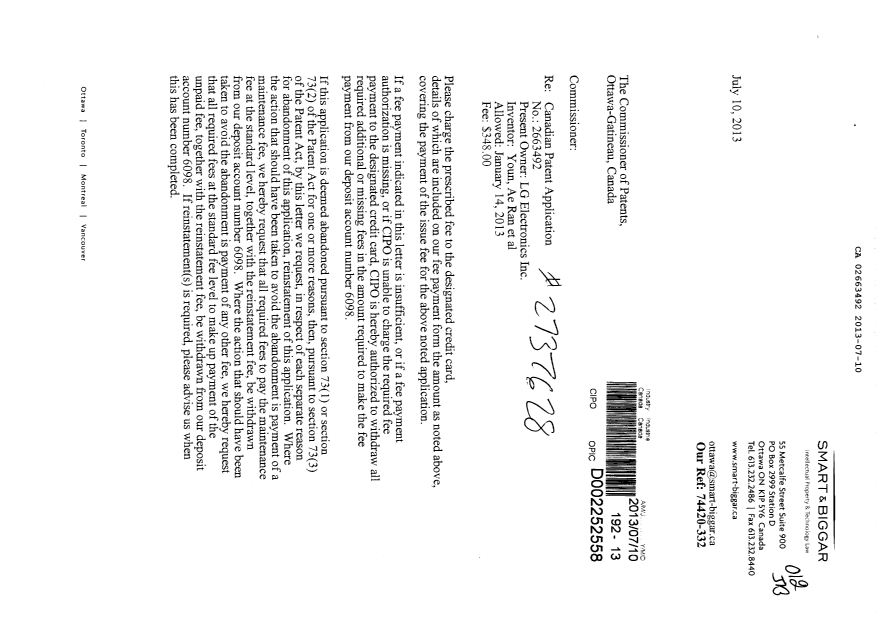 Document de brevet canadien 2663492. Correspondance 20130710. Image 1 de 2