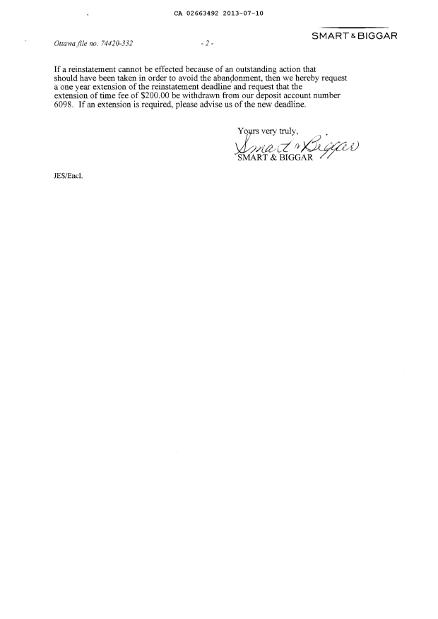 Document de brevet canadien 2663492. Correspondance 20130710. Image 2 de 2