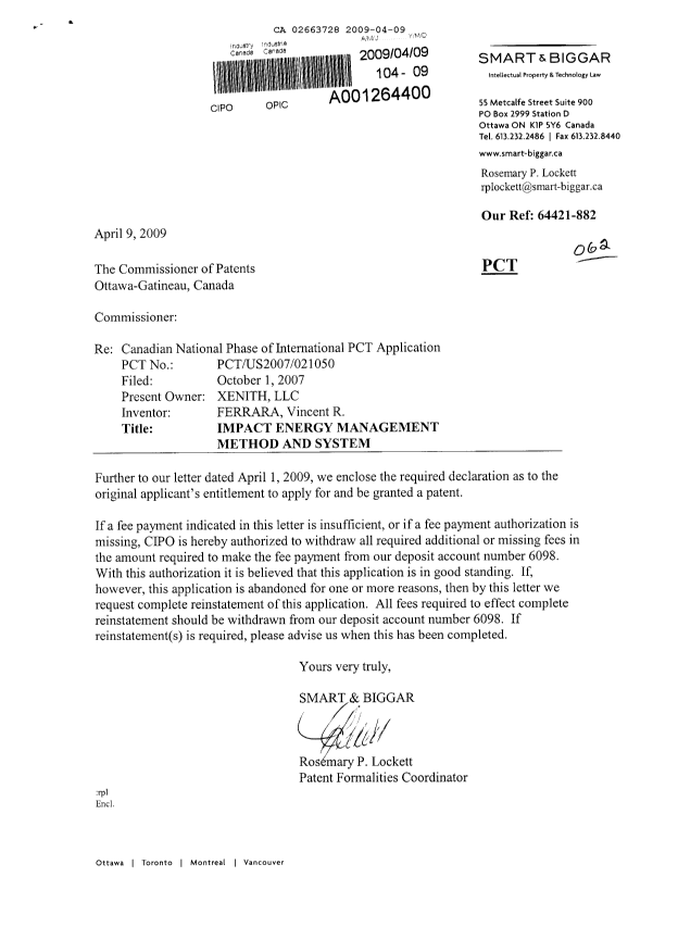 Document de brevet canadien 2663728. Correspondance 20090409. Image 1 de 2