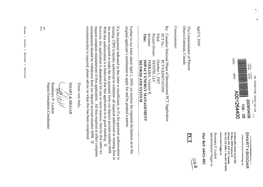 Canadian Patent Document 2663728. Correspondence 20090409. Image 1 of 2