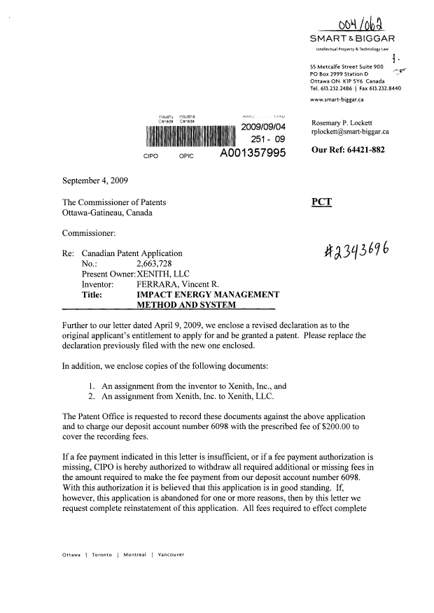 Document de brevet canadien 2663728. Correspondance 20090904. Image 1 de 3