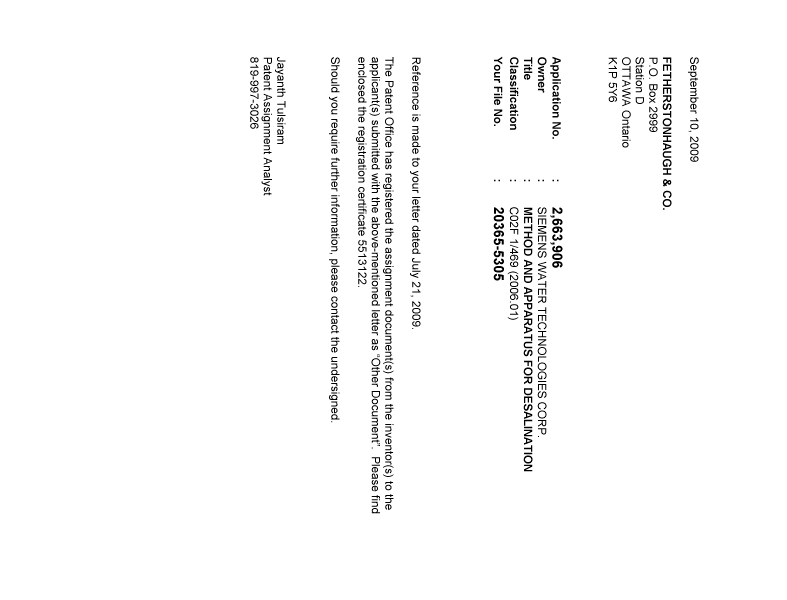 Document de brevet canadien 2663906. Correspondance 20090910. Image 1 de 1