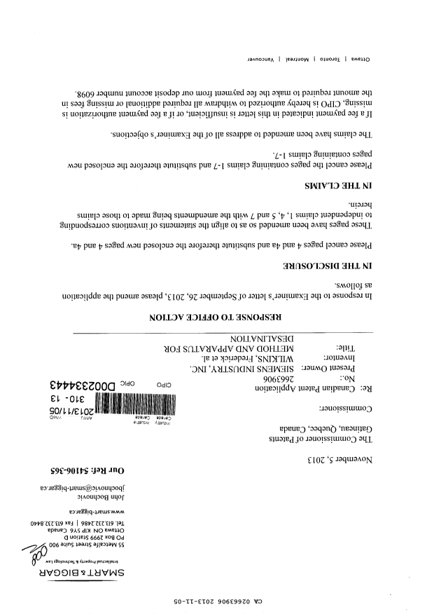 Canadian Patent Document 2663906. Prosecution-Amendment 20131105. Image 1 of 6