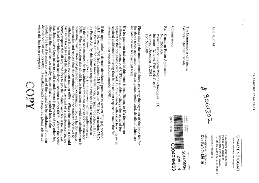Document de brevet canadien 2663906. Correspondance 20140604. Image 1 de 3