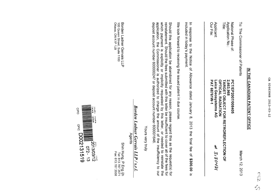 Document de brevet canadien 2663968. Correspondance 20130312. Image 1 de 1