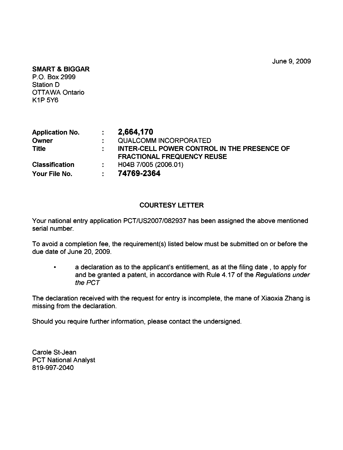 Document de brevet canadien 2664170. Correspondance 20090609. Image 1 de 1