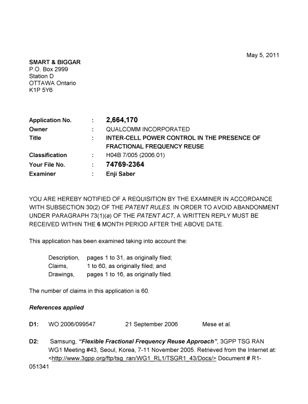 Canadian Patent Document 2664170. Prosecution-Amendment 20110505. Image 1 of 3