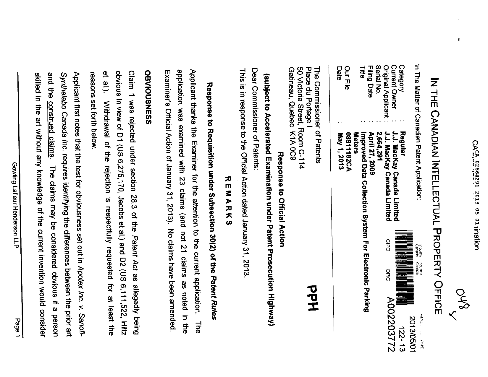 Canadian Patent Document 2664291. Prosecution-Amendment 20130501. Image 1 of 4