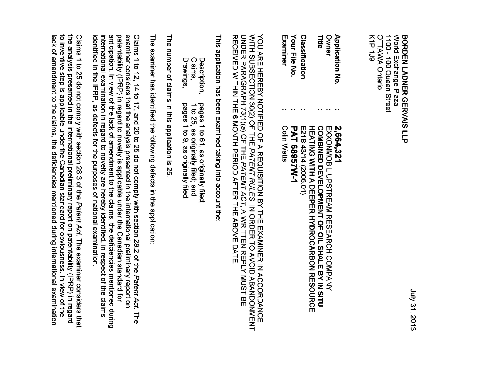 Canadian Patent Document 2664321. Prosecution-Amendment 20130731. Image 1 of 2
