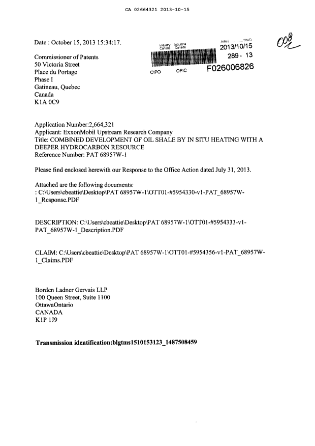 Document de brevet canadien 2664321. Poursuite-Amendment 20131015. Image 1 de 18