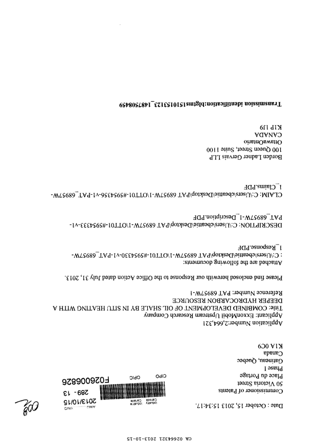 Canadian Patent Document 2664321. Prosecution-Amendment 20131015. Image 1 of 18