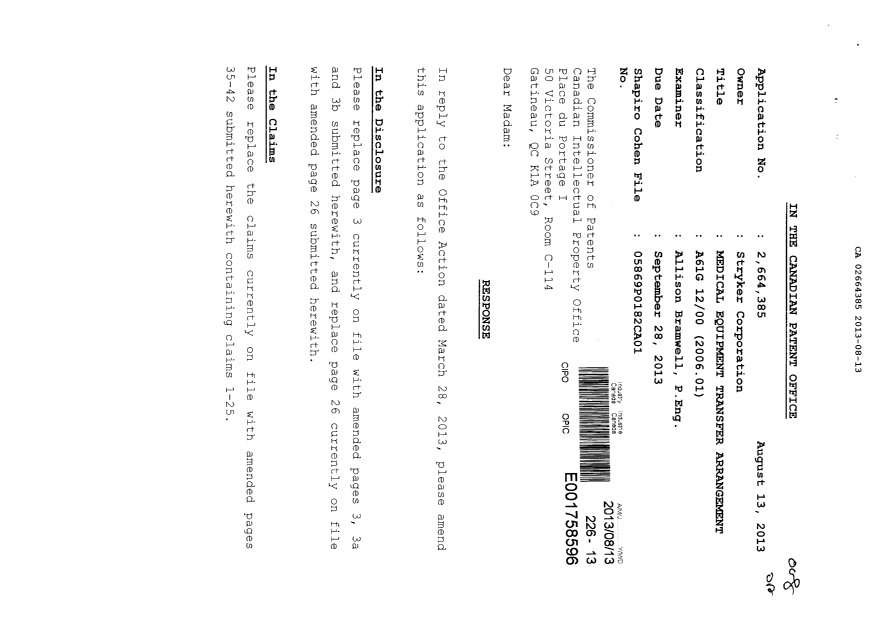 Document de brevet canadien 2664385. Poursuite-Amendment 20121213. Image 1 de 20