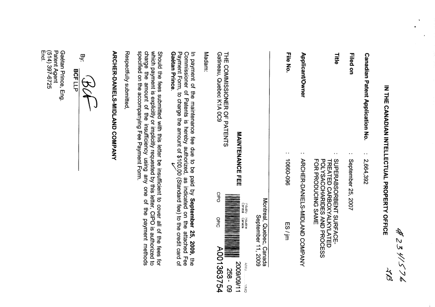 Canadian Patent Document 2664392. Fees 20090911. Image 1 of 1