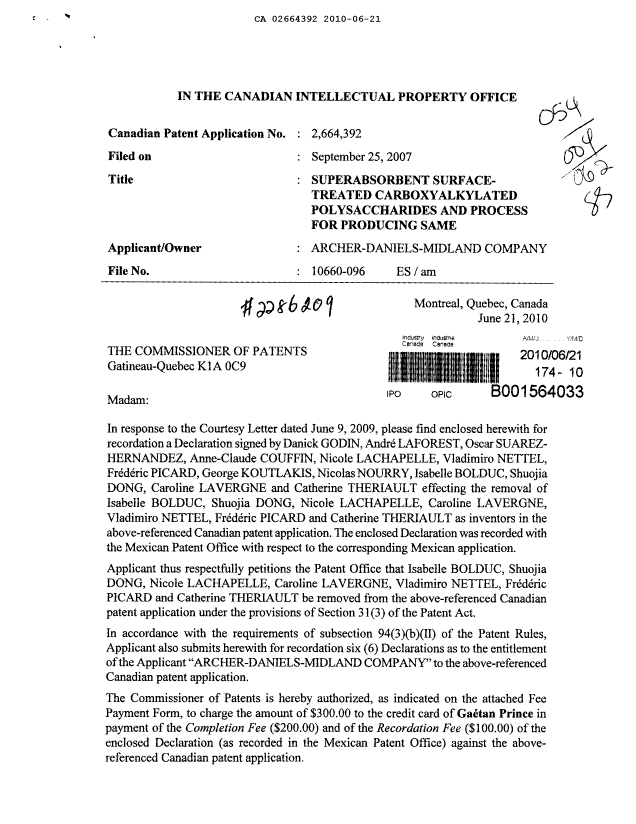 Document de brevet canadien 2664392. Cession 20100621. Image 1 de 6