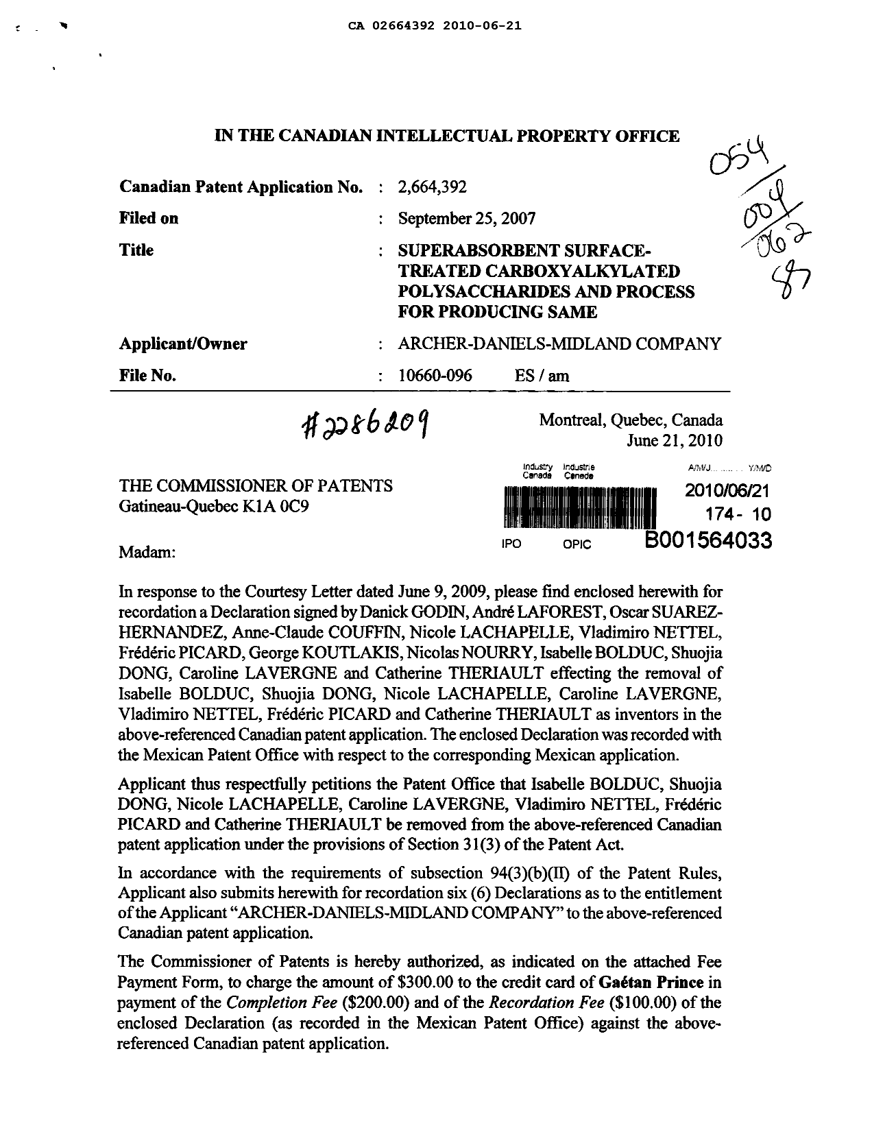 Canadian Patent Document 2664392. Correspondence 20100621. Image 1 of 8