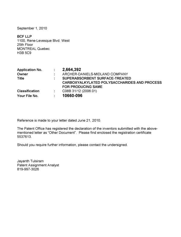 Document de brevet canadien 2664392. Correspondance 20100901. Image 1 de 1