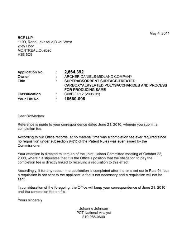 Document de brevet canadien 2664392. Correspondance 20110504. Image 1 de 1