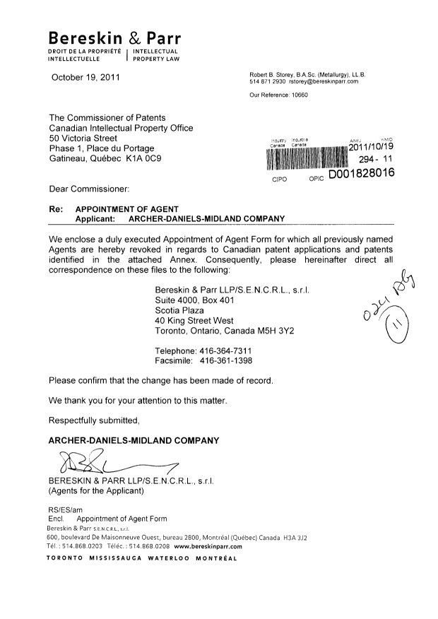 Document de brevet canadien 2664392. Correspondance 20111019. Image 1 de 3