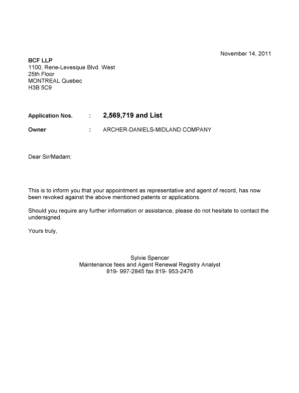Document de brevet canadien 2664392. Correspondance 20111114. Image 1 de 1