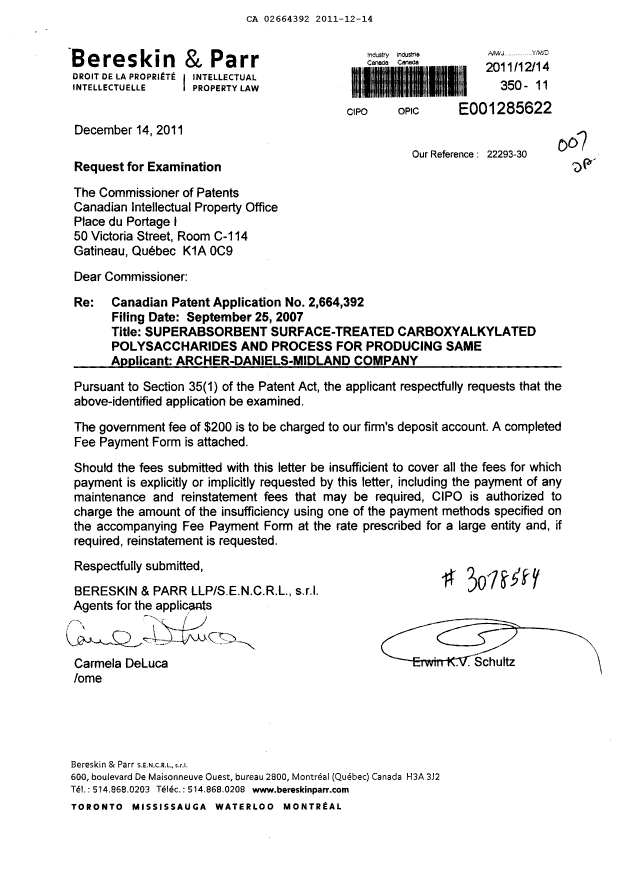 Canadian Patent Document 2664392. Prosecution-Amendment 20111214. Image 1 of 1