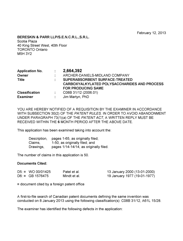 Canadian Patent Document 2664392. Prosecution-Amendment 20130212. Image 1 of 3