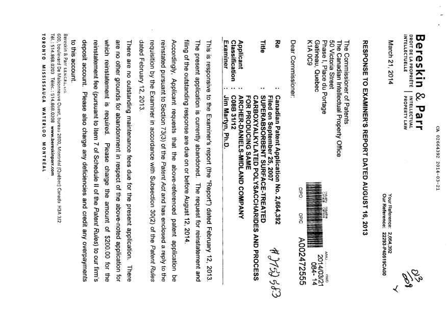 Canadian Patent Document 2664392. Prosecution-Amendment 20140321. Image 1 of 87