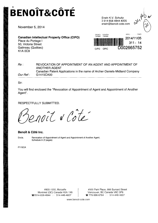 Canadian Patent Document 2664392. Correspondence 20141105. Image 1 of 4