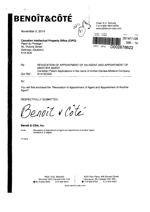 Canadian Patent Document 2664392. Correspondence 20141126. Image 1 of 4