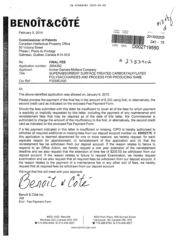 Canadian Patent Document 2664392. Correspondence 20150205. Image 1 of 1