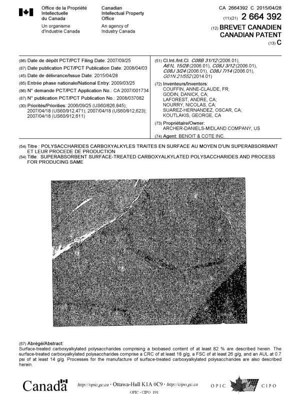 Document de brevet canadien 2664392. Page couverture 20150325. Image 1 de 1
