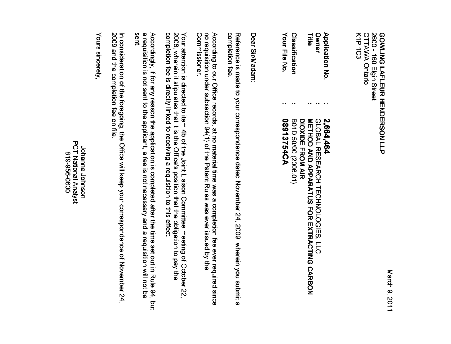 Document de brevet canadien 2664464. Correspondance 20110309. Image 1 de 1