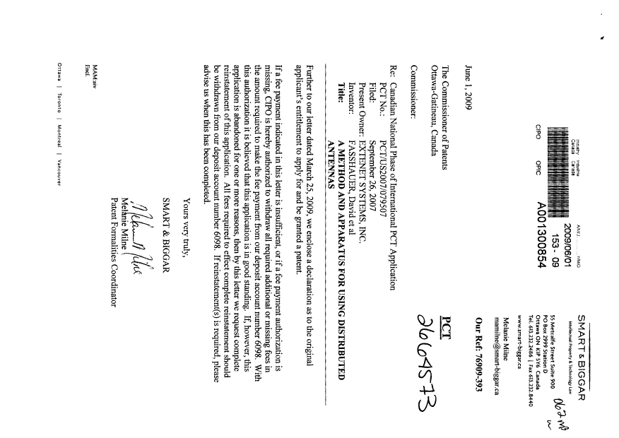 Document de brevet canadien 2664573. Correspondance 20090601. Image 1 de 2
