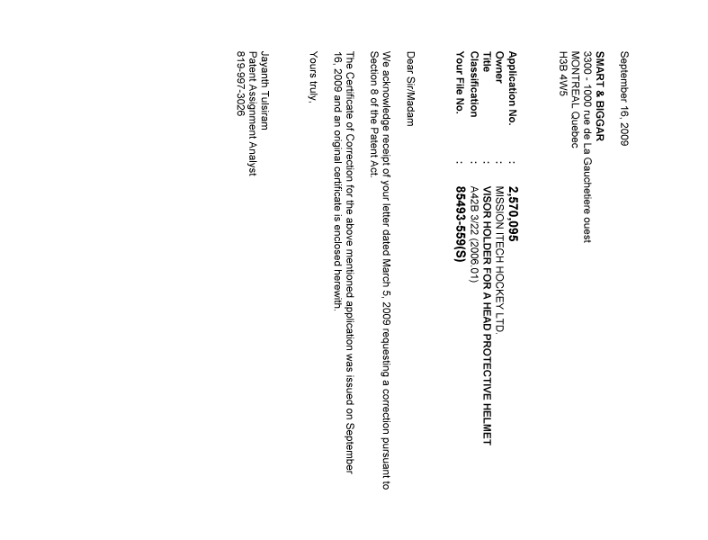 Document de brevet canadien 2664573. Correspondance 20090917. Image 1 de 2