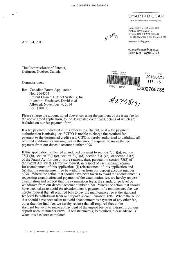 Canadian Patent Document 2664573. Correspondence 20150424. Image 1 of 2