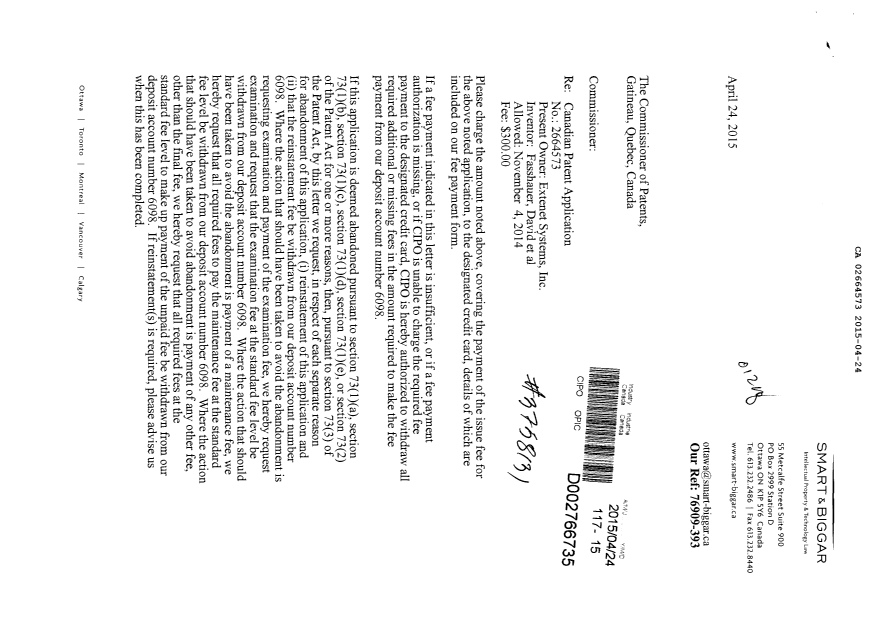 Document de brevet canadien 2664573. Correspondance 20150424. Image 1 de 2