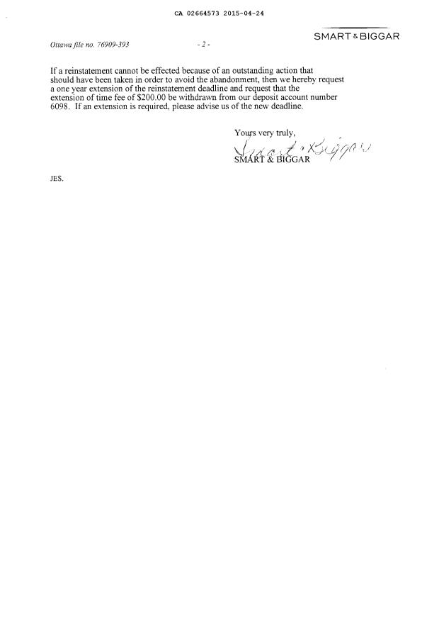 Document de brevet canadien 2664573. Correspondance 20150424. Image 2 de 2