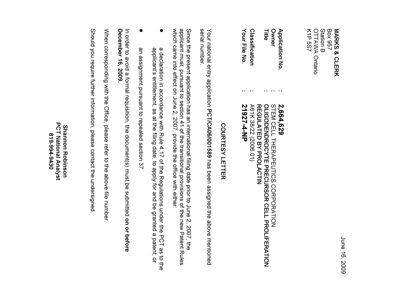 Document de brevet canadien 2664629. Correspondance 20090616. Image 1 de 1