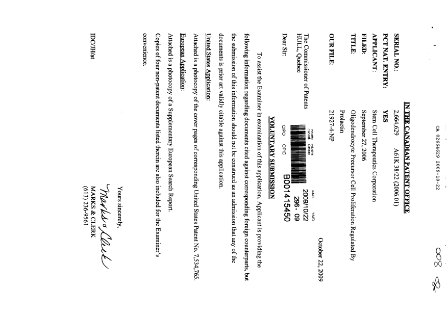 Document de brevet canadien 2664629. Poursuite-Amendment 20091022. Image 1 de 1