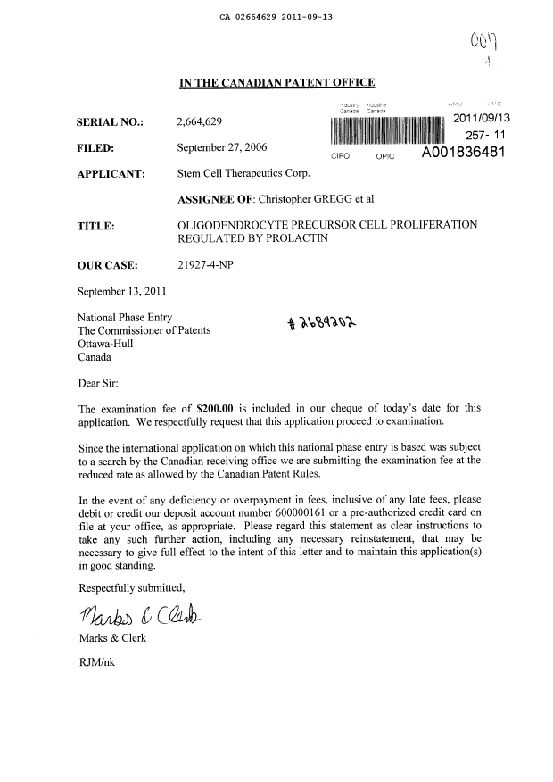 Canadian Patent Document 2664629. Prosecution-Amendment 20110913. Image 1 of 1