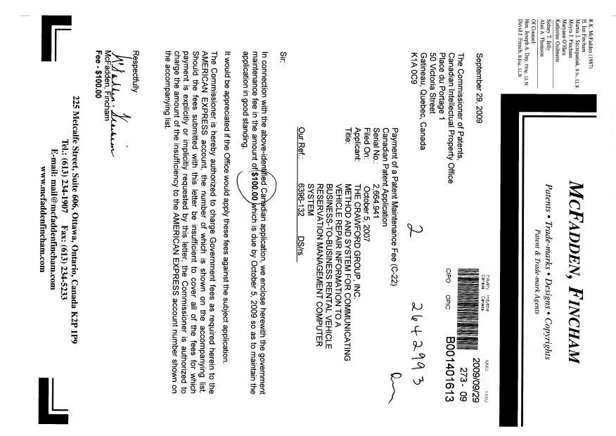 Document de brevet canadien 2664941. Taxes 20090929. Image 1 de 1