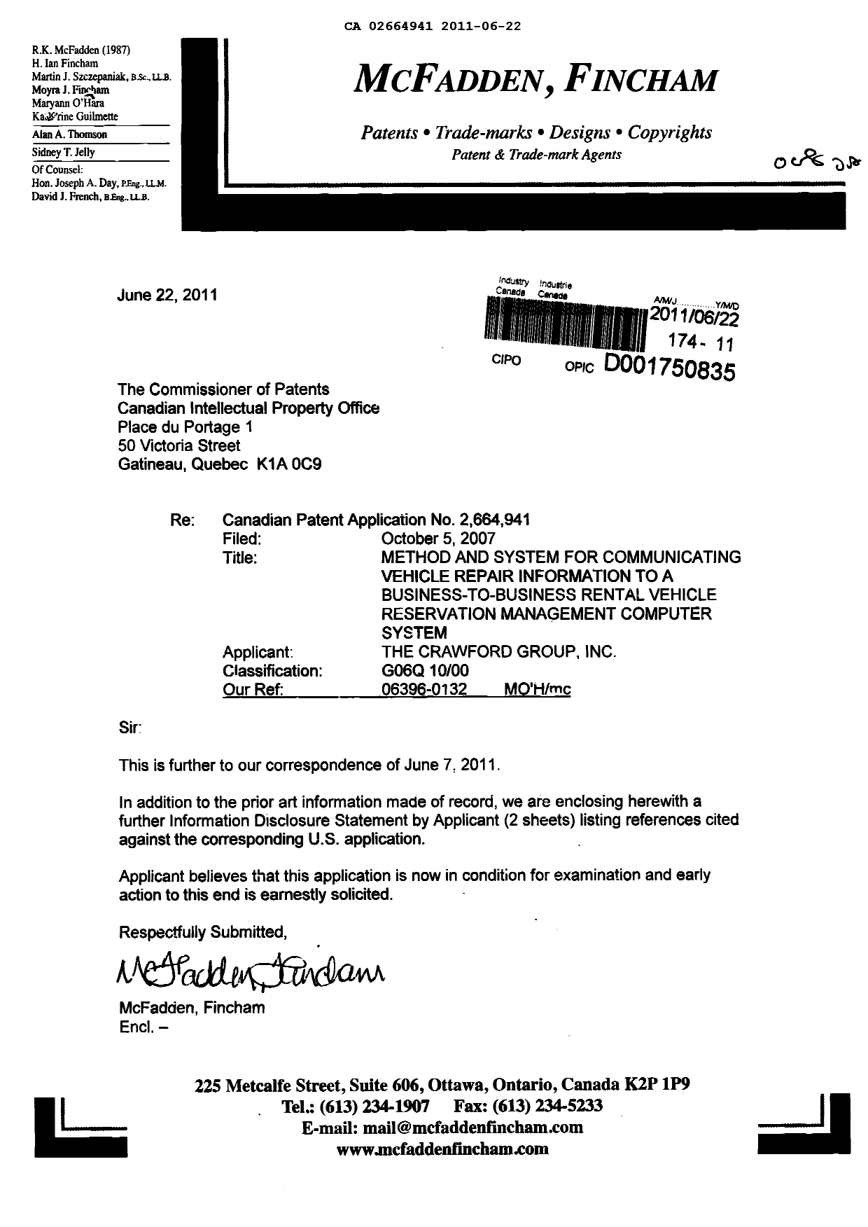 Document de brevet canadien 2664941. Poursuite-Amendment 20110622. Image 1 de 1