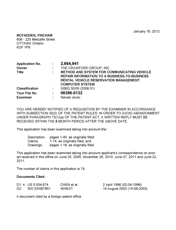 Canadian Patent Document 2664941. Prosecution-Amendment 20120116. Image 1 of 5