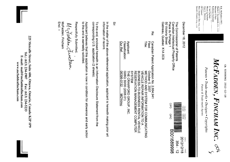 Document de brevet canadien 2664941. Poursuite-Amendment 20121218. Image 1 de 1