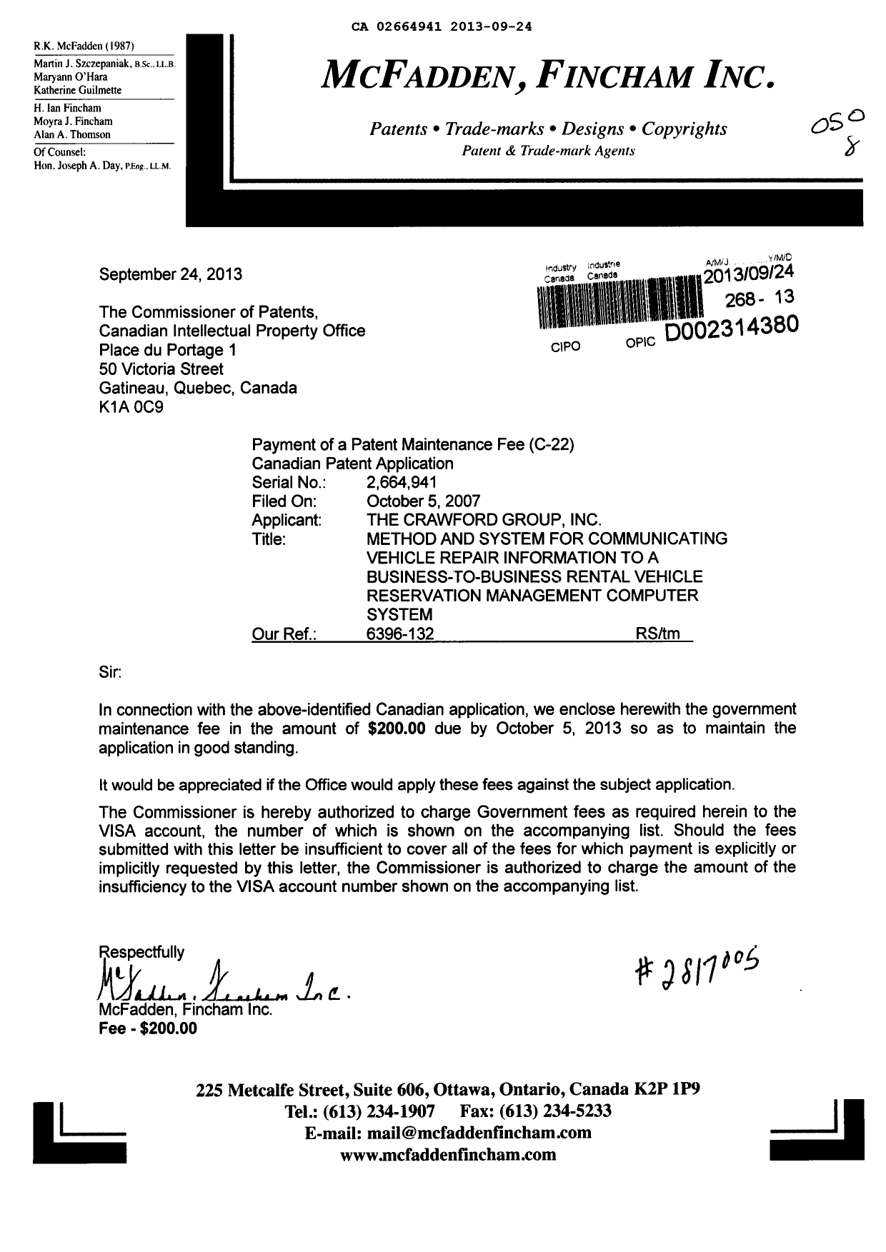 Document de brevet canadien 2664941. Taxes 20130924. Image 1 de 1