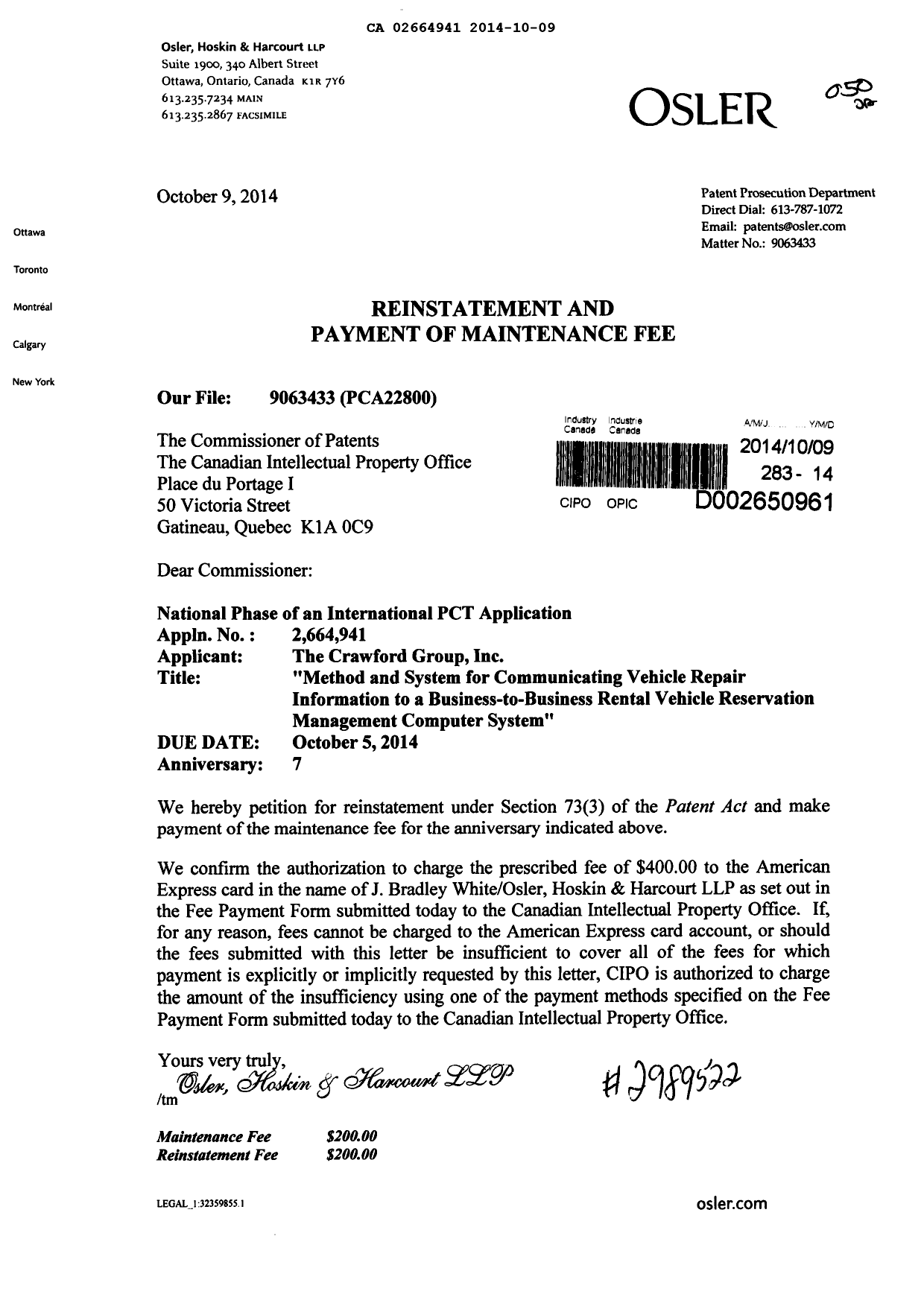 Document de brevet canadien 2664941. Taxes 20141009. Image 1 de 1