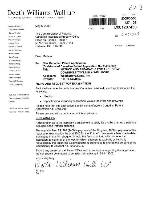 Canadian Patent Document 2664979. Assignment 20090506. Image 1 of 2