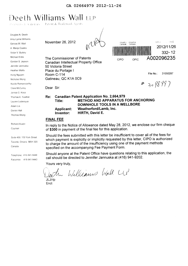 Canadian Patent Document 2664979. Correspondence 20121126. Image 1 of 1