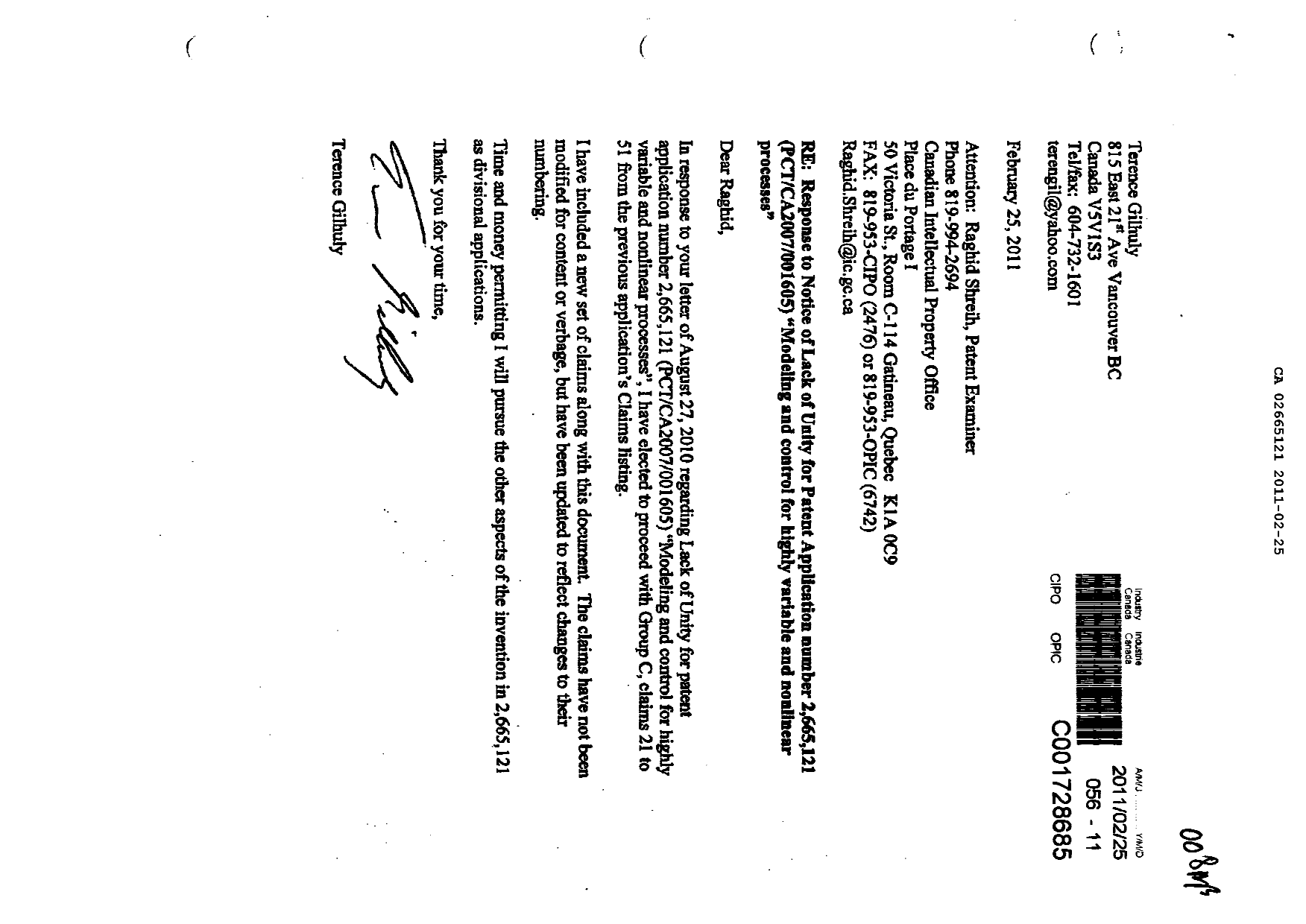 Canadian Patent Document 2665121. Prosecution-Amendment 20101225. Image 1 of 7