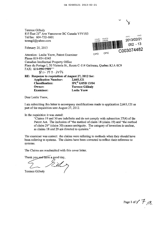 Canadian Patent Document 2665121. Prosecution-Amendment 20121221. Image 1 of 7