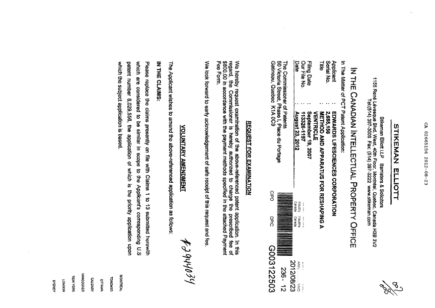 Document de brevet canadien 2665156. Poursuite-Amendment 20120823. Image 1 de 5